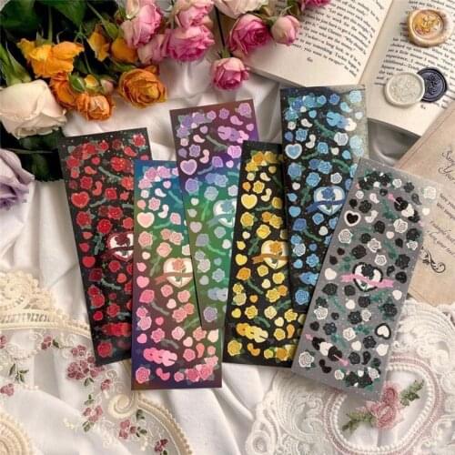 Korean Flower Rose Stickers Beautiful Shiny Laser Mobile Phone Stationery Idol Card DIY Material Decorative Sticker Personalized