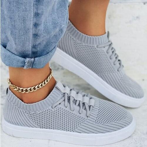 Sneakers For Women 2021 Knitting Mesh Breathable Lace Up Solid Color Ladies Casual Shoes Slip On Comfort Flats Tenis Feminino
