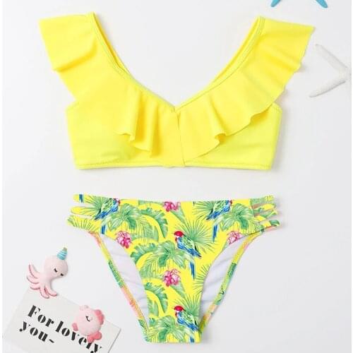 Ruffle Girl Swimsuit Kids Tropical Floral&Leaves Girl Bikini Set 7-14Y Two Piece Childrens Swimwear Padded Girls Bathing Suits