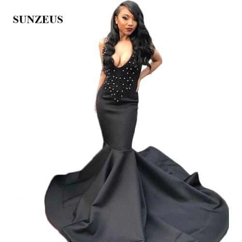 Deep V Neck Sexy Long Prom Dresses 2019 Pearls Beaded Mermaid Formal Evening Party Dresses Black vestidos de cerimonia SP19