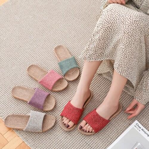 Summer Indoor Flat Slippers For Women Pure Color Simplicity Unisex Flax Slides Comfortable Home Flip Flops Indoor Female Shoes