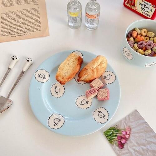 Blue lamb ceramic bowl ceramic plate set send spoon cartoon cute plate students underglaze color
