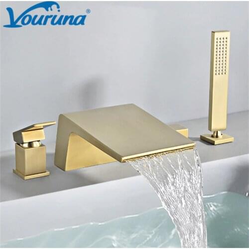 VOURUNA Waterfall Black 4-hole Deck Mounted Roman Tub Filler Trim Brushed Golden Bathtub Faucet Mixer Tap With Handshower Set
