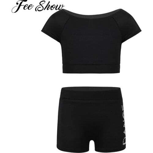 2PCS Kids Girls Tankini Outfit Ballet Dance Costumes Short Sleeves Gym Workout Tanks Top Fitness Shorts Bottoms Yoga Sports Set