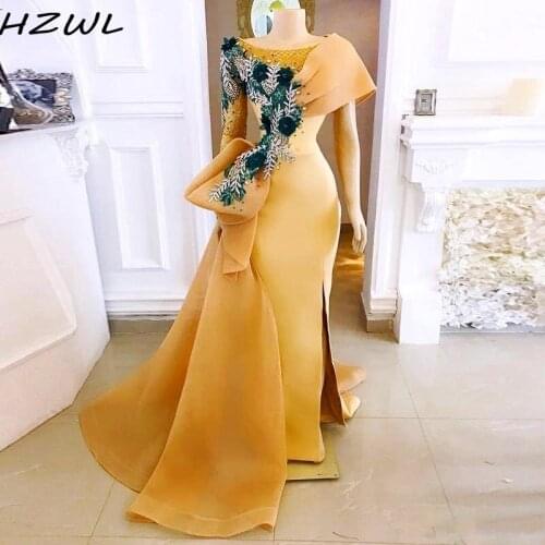 Gold Beaded Crystals Lace Evening Dresses Mermaid One Shoulder Side Split Satin Special Occasion Dress Dubai Arabic Party Gowns