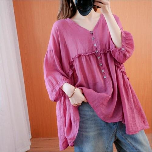 Loose Cotton Linen Women Shirts Summer Vintage 2021 Solid Pink V-Neck Button All Match Female Outwear Tops