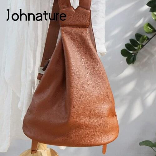 Johnature Leisure Nature Genuine Leather Women Backpack 2021 New Large Capacity Soft Cowhide Female Outdoor Travel Bag
