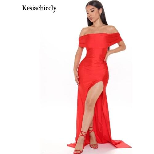 Kesiachiccly Off shoulder red bodycon party dress Women summer high slit sexy maxi long dress Female elegant club dress vestidos