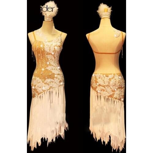 High-end Custom Latin Dance Dress White Embroidered Bead Tube Fringed Dance Skirt Female Adult Competition Costume
