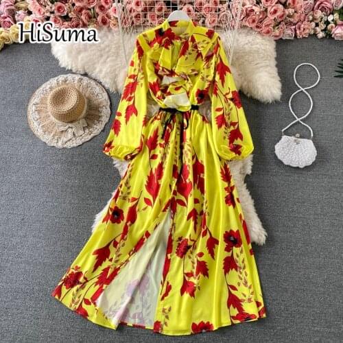 2021 summer new women o-neck singe breasted ruffles print chiffon A-line dress female Chic elegant lace-up waist dresses