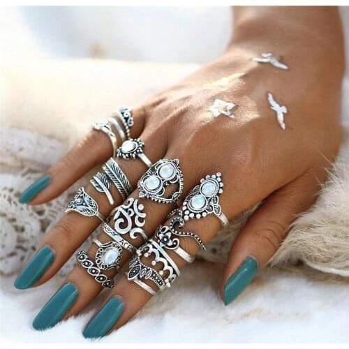 16pcs/Set Bohemian Serenity Vintage Antique Silver Color Elephant Leaf Crown Finger Midi Knuckle Rings Set for Women Jewelry