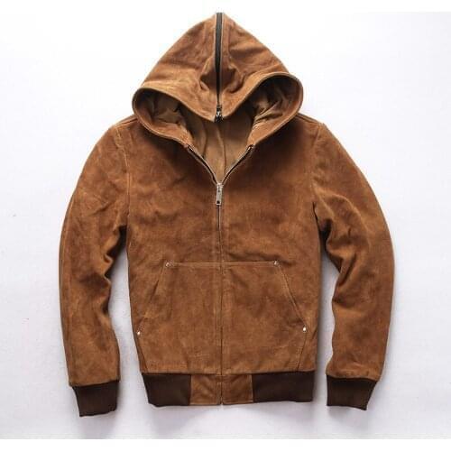 2020 New Men hooded leather jacket men flight jacket yellow Genuine cowskin Slim Fit Casual Russian Leather Coats M-XXXXL