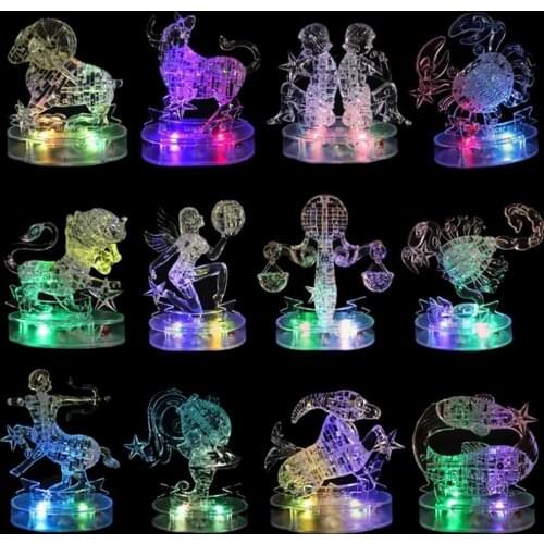 3d Horoscope Puzzle Clear 12 Constellations Toys Crystal Puzzle Assemble Toy for Children with LED Flash Light Clear Tchotchkes