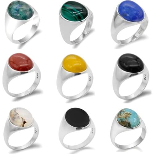 925 Sterling Silver Men Ring with Turquoise/Lapis Lazuli/Agate/Malachite/Onyx/Phoenix Stone Simple Jewelry to Male Women Gift