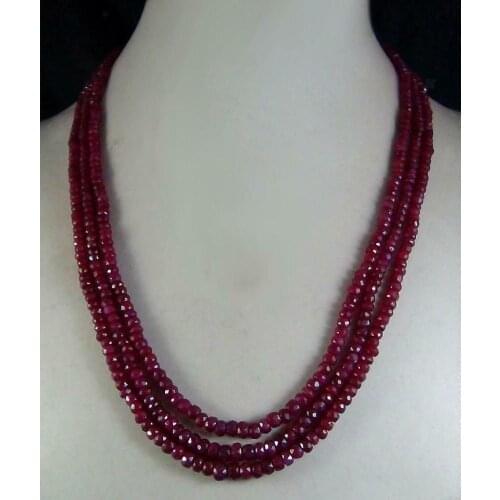 Free shipping Elegant Natural Ruby Faceted Beads Rhinestone Clasp Necklace 3 Strand 3x4mm