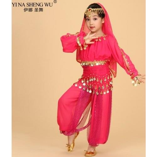 Bollywood Belly Dance Costume Set For Kids Egypt Egyptian Oriental Indian Bellydance Suit For Girls Dress 120D Chiffon Top Pant