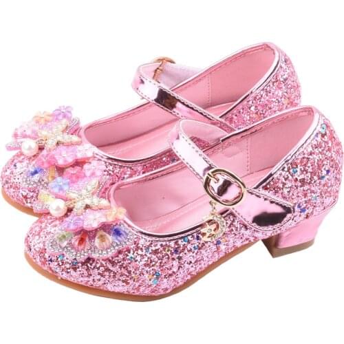 Kids Crystal Leather Shoes Square High Heel Sequins Bling Bling Shoes Anti-skid Comfortable Wedding Dance Shoes Princess Girls