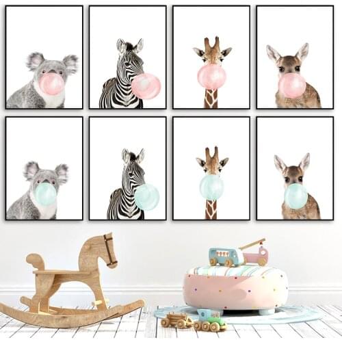 Baby Animal Bubble Chewing Poster Nursery Canvas Wall Print Zebra Giraffe Painting Nordic Kids Decoration Picture Bedroom Decor