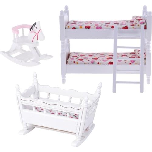 European Style 1/12 Bunk Bed Baby Cradle Rocking Horse Model for Dolls House Bedroom Accessories Decor