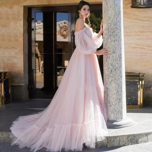 Elegant Puffy Detachable Sleeves Wedding Dresses Sexy Boat Neck Blush Pink Prom Evening Gown with Tiered Tulle Skirt Bride Dress