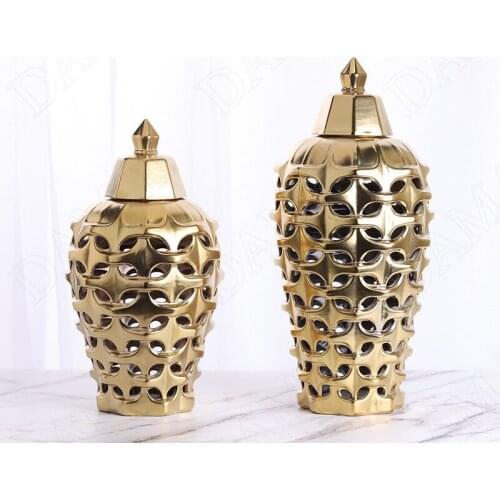 European Ceramic Vases Gold-plated Cutout Decorative Dried Flowers Organizer Living Room Storage Jars Home Decoration Ornaments
