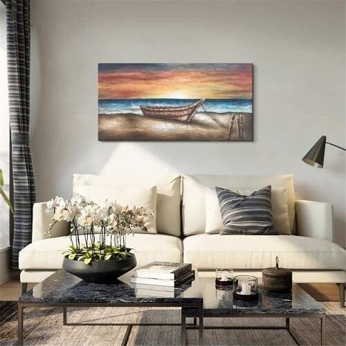 Handmade Paintings On Canvas Sailboat Beach Sunrise Blue Sea Warm Color Hand Painted Artwork Office Home Walls Decor Posters