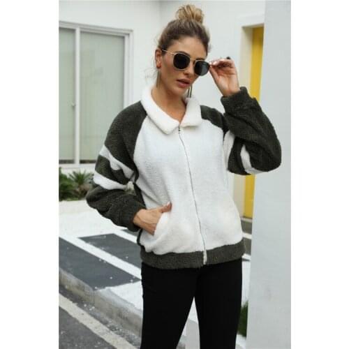 Neatie kiddie Autumn And Winter Casual Stitching Contrast Color Women Outwear Plush Lapel Zipper Jacket Coat Female