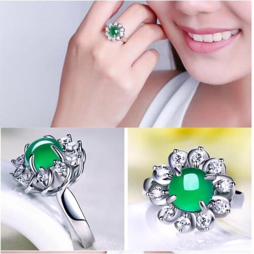 Green Jade Pith earring female gem ring necklace pendant Three pieces set retro temperament simple anti-allergy silver
