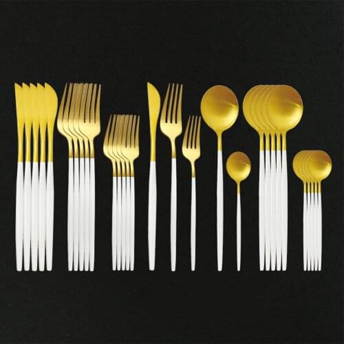 30Pcs White Gold Cutlery Set Knives Dessert Forks Dessert Spoons Tableware Stainless Steel Dinnerware Set Kitchen Silverware Set