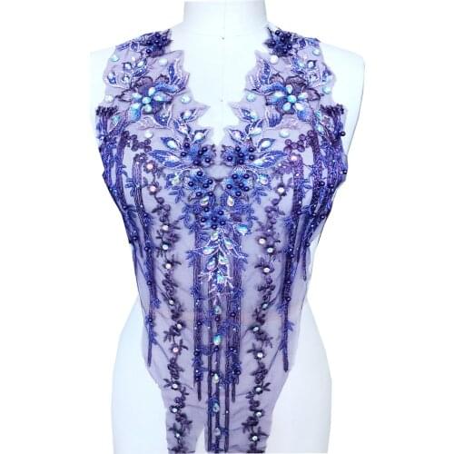 Sew on beads rhinestones deep purple lace applique triming patches 62*30cm for evening dress DIY accessories