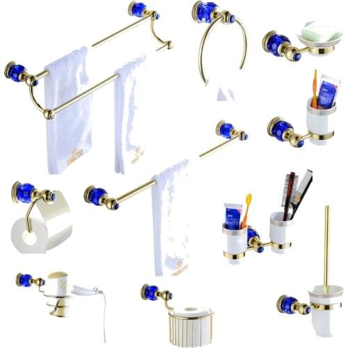 Leyden Brass and Crystal Gold Finish Bathroom Accessories Sets Wall Mounted Toilet Paper Holder Towel Ring Toothbrush Holders
