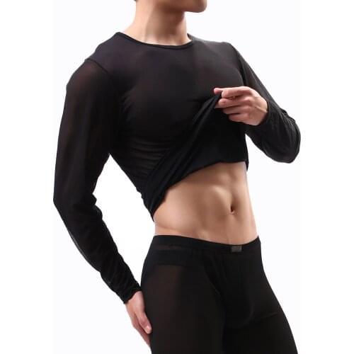 New Fashion Mens Sexy Transparent Gauze Undershirt Utra-thin O-neck See Through Mesh Long Sleeve Fitness T Shirt Men Tees