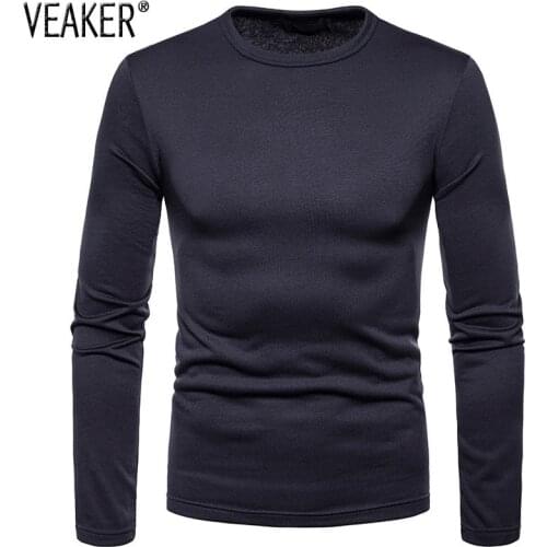 2021 New Mens Thin Fleece O-Neck T Shirt Male Autumn Solid Color Warm T Shirt Slim Fit Long Sleeve Tops S-2XL