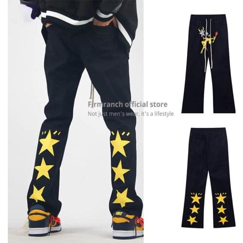 Firmranch News 2021 High street Yellow Stars Printed Pants Back/White VIBE Style Mens Concept Bootleg Long Casual Trousers