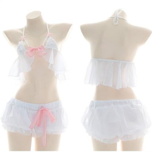 Semi-transparent Chiffon Nightdress Ruffle Sexy Halter Bikini Bowknot Pajamas Homewear Sexy Kawaii Girls Lolita Underwear Suit