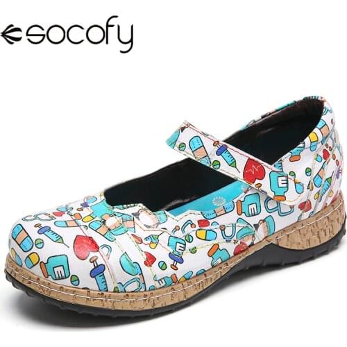 SOCOFY Women Cartoon Printing Pattern Flats Leather Comfy Hook Loop Flat Shoes Round Toe Casual Outdoor Party Shoes 2020