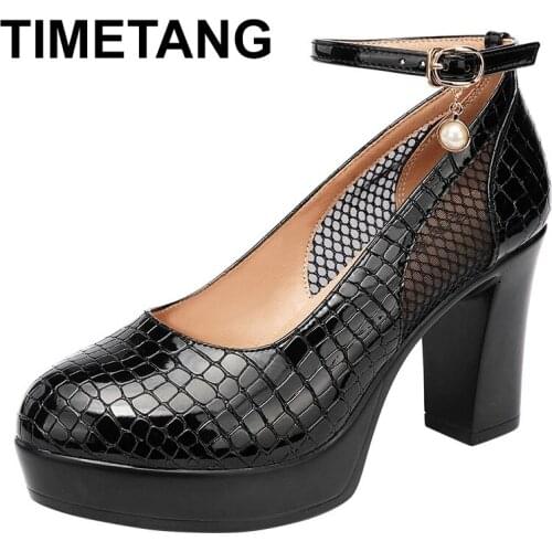 TIMETANGFashion Croco Patent Leather Shoes White Black2021Womens Pumps High Heels Platform Shoes Ankle Buckle Ladies ShoesRound