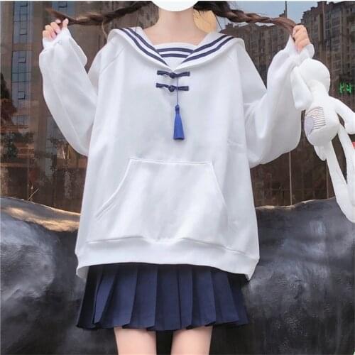 Japanese Elegant Student Harajuku Sailor Collar Hoodies Sweatshirt Spring Autumn Pullovers Sweatshirt Kawaii Pocket Shirts