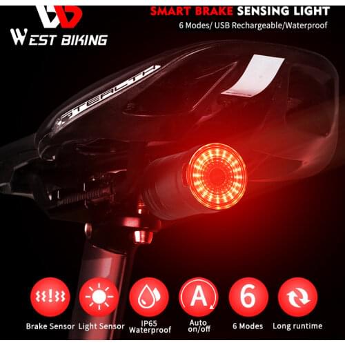 WEST BIKING Smart LED Bicycle Tail Light USB Rechargeable Auto Start/Stop Waterproof Bike Brake Sensing Safety Warning Light