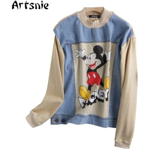 Artsnie Disney Cartoon Denim Sweatshirt Women Winter O Neck Long Sleeve Oversized Hoodies Streetwear Causal Sweatshirts Mujer