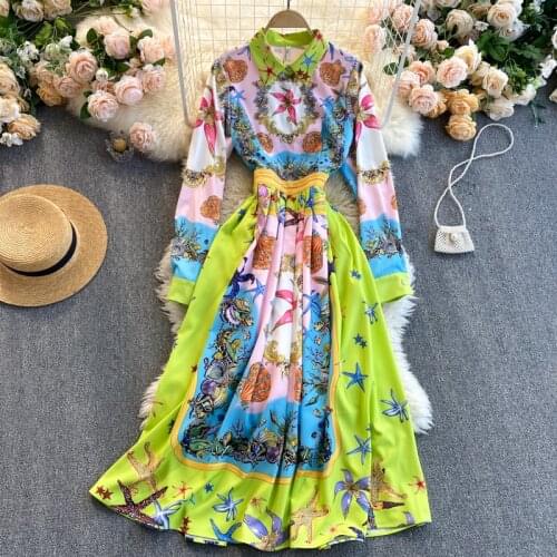 Womens Spring Autumn Runway Fashion Vintage Print Dress Female Travel Chic Beach Dress TB1778