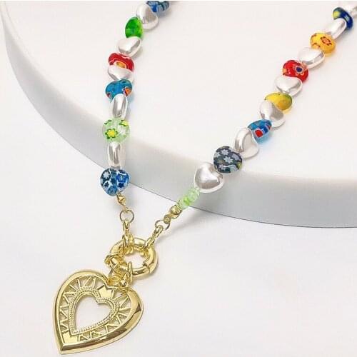 2021 New Korean Love Heart Natural Freshwater Pearl Glass Beaded Hand-painted Flower Alloy Necklace for Women Party Jewelry