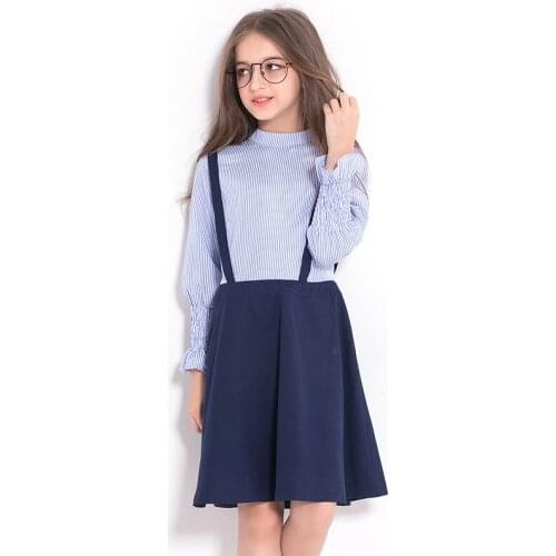 Hot Girl Dress Striped Suspenders Dress For 6-12 Years Kids Petal Sleeve Knee-Length School Dresses England Style Princess Dress