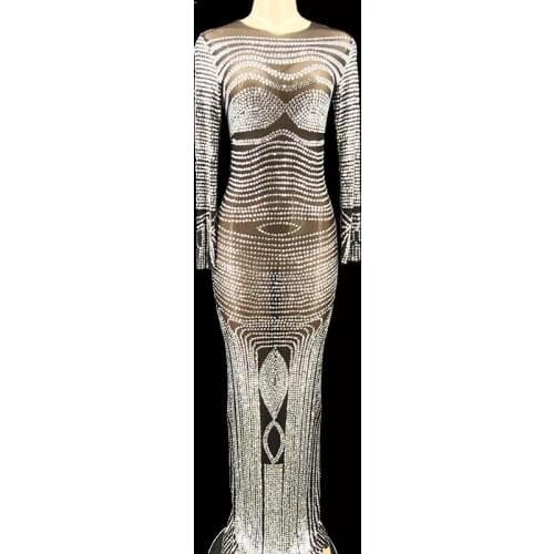 New Luxury Rhinestone Transparent Black Mesh Long Dress Wedding Birthday Party Gown Evening Dress for Women Singer Stage Wear