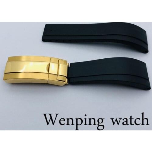 20mm black rubber mens women watch strap with steel yellow gold buckle
