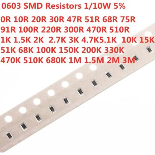 200pcs 0603 SMD 1/10W chip resistor resistors 0 ohm ~ 10M 5%0R 1K 4.7K 5.1K 10K 100K 1 10 100 220 330ohm 0 1R 10R 100R 220R 330R