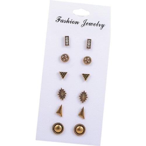 6 Pairs/set Fashion Round Geometric Earrings Set Mix For Women Vintage Jewelry Ladies Retro Alloy Ancient Gold Stud Earring Gift