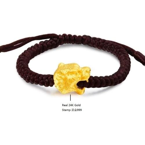Genuine 24K Yellow Gold Unique Tiger-Head with Brown Cord Bracelet Length from 5" to 15"