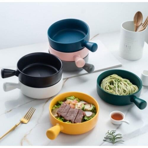 Colored Baked Rice Bowl Nordic Style with Handle Baking Bowl Pasta Plate Simple Household Tableware Soup Noodle Salad Container