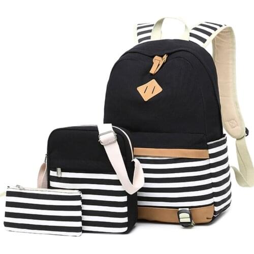 Canvas Womens Backpack for Teenage Girls and Boys Striped Casual Daypack Female Rucksack Mochila Black School Backpack 3 pcs
